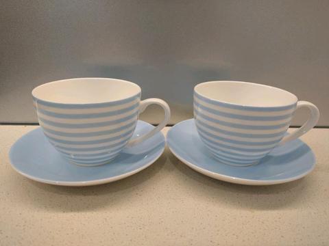 Modern Cup & saucer sets 2 new Rhubarb blue & white stripes