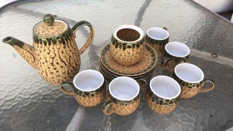 Rare vintage stoneware (Japan) tea set - 6 cups teapot