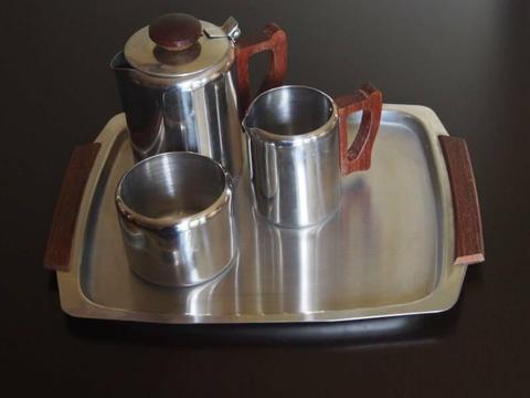 Retro vintage stainless steel and wood tea set
