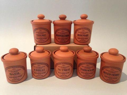 Set of 8 Henry Watson Pottery Original Canisters Herb Spice Jars