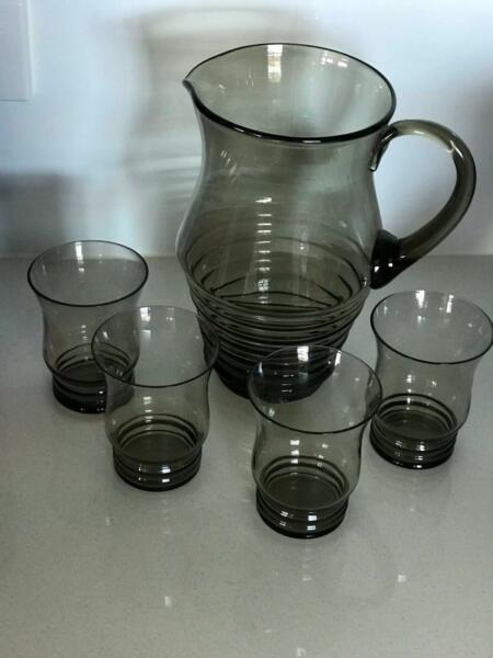 Retro Hand crafted Vintage Green Glass Water Jug and 4 tumblers