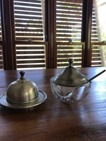 Pewter Butter Dish & Glass Sugar Bowl with Pewter Lid & Spoon