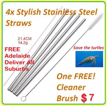 4x Stainless Steel Drinking Straws Straight Metal Reusable NEW