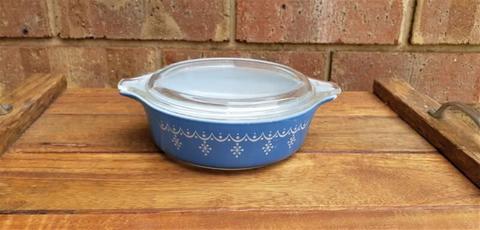 Vintage Small Pyrex Blue Snowflake Casserole Dish