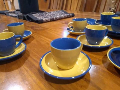 Espresso coffee cups/saucers mix and match blue and yellow