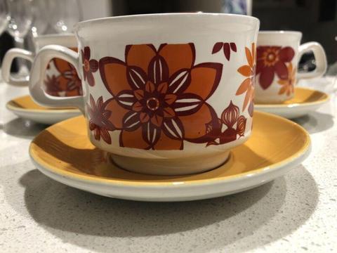 3 retro tea cups and saucers