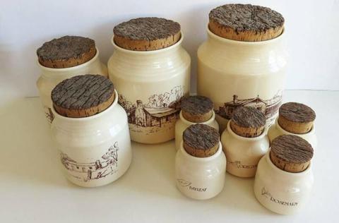 Vintage Set of 9 Hanstan Canisters Kitchen Spice Storage Jars