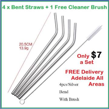 4x Stainless Steel Metal Drinking Straws Bent Washable Reusable