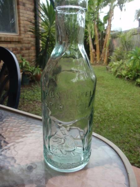 VINTAGE ABSOLUTELY PURE MILK,THE MILK PROTECTOR GLASS BOTTLE 29CM