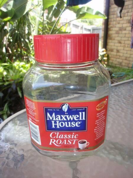 VINTAGE LARGE MAXWELL HOUSE GLASS COFFEE JAR 19.5CM STICKER,RED