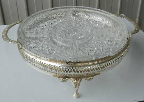 Round Serving Platter Crystal Glass Silver Plate Nut Relish