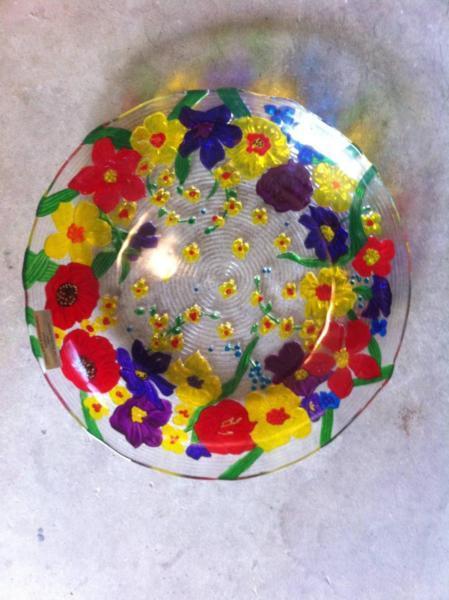 Glass Serving Bowl Plate Hand Painted Dishwasher Safe