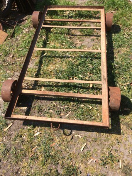 Huge Vintage Trolley Base with Four Cast Iron Wheels & Frame