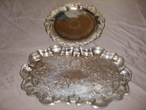 2 Serving Trays in Good Condition Round Steel Oval think Pewter