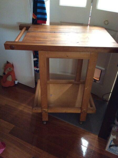 Butchers trolley with solid timber top for carving on