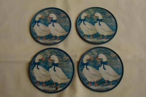 Vintage Coasters - Winter Snow Geese with Blue Bow - Set of 4