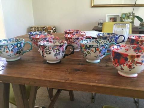 Beautiful retro large monogrammed set of 10 tea cups