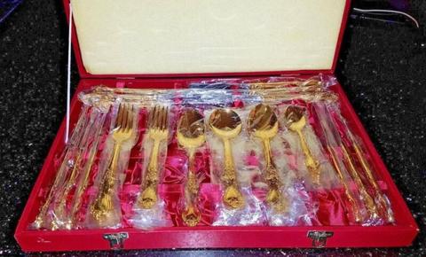 43 Pce Marjonette 24 K Gold Plated Stainless Cutlery Set Red Box