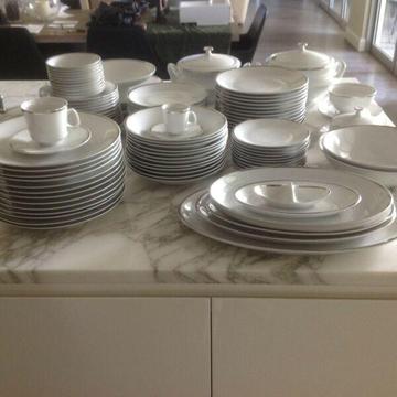 White silver trim large dinner set with accessories