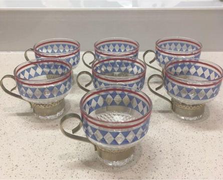 Vintage Glass Espresso Cups with Metal Handle Patterned Red Blue