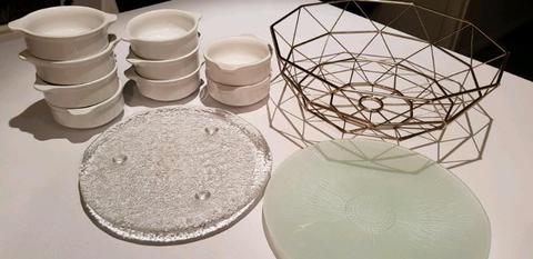Plates, basket and pie dishes