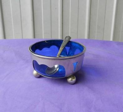 Sugar Bowl Cobalt Blue Glass with Spoon Tri Ball Feet Vintage