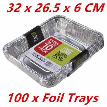 (NEW) 100 X Foil Trays Rectangle BBQ Foil Roasting 32x26.5x6cm
