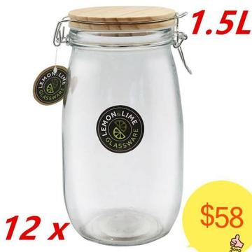 (NEW) 12 x 1.Ll Round Food Storage Glass Jars Canister Wooden Lid
