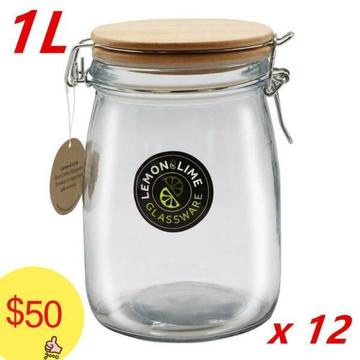 12 x 1L Round Food Storage 1000ml Glass Jars Canister Wooden Lid