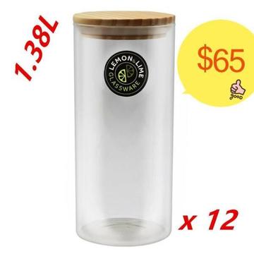 12 x Food Storage Jar 1.38L Glass Jars Canister Wooden Lids Tube