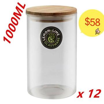 12 x Food Storage 1L Glass Jars Canister Wooden Lids Tubes