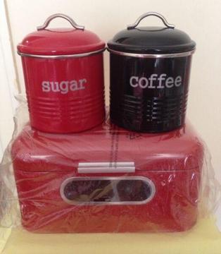 D.LINE RED BREADBIN w WINDOW and COLONIAL COFFEE SUGAR CANISTER