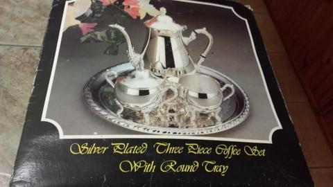 SILVER PLATED 3 PIECE COFFEE SET WITH ROUND TRAY