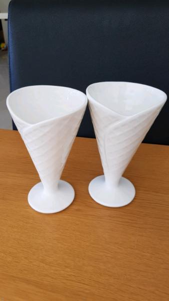 2 white ceramic ice cream cone sundae glasses