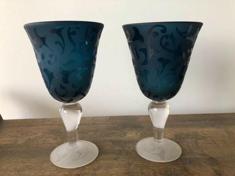 Blue Etched Wine Goblets
