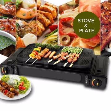 Double Gas Burner Butane Cooker with Non-stick Grill BBQ Plate