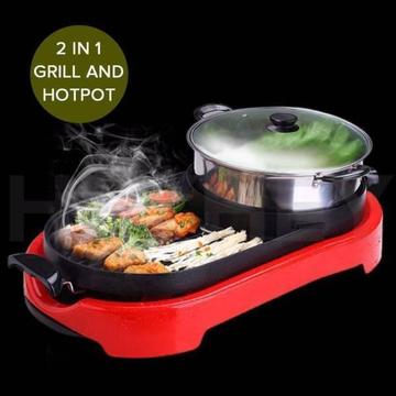 2 in 1 BBQ Electric Pan Grill Teppanyaki Stainless Steel Hot Pot