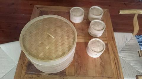 1 large (2 tier) and 4 small bamboo steamers unused gift REDUCED