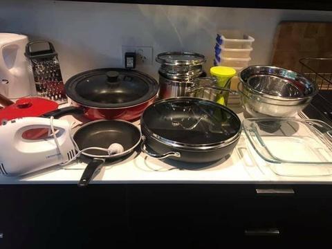 Full kitchenware, cooking equipment, utensils, plates/bowls, etc