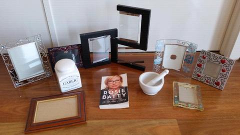 Frames, Rosie Batty Book, M&W Garlic Holder Mortal & Pestle