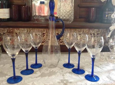 6 Cobalt Blue Wine Glasses matching Decanter hand etched grapes