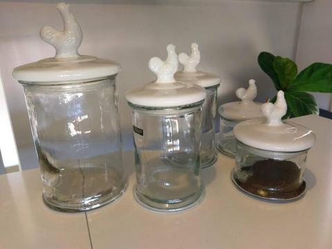 Provincial glass canister jar set of 5 chicken on lid