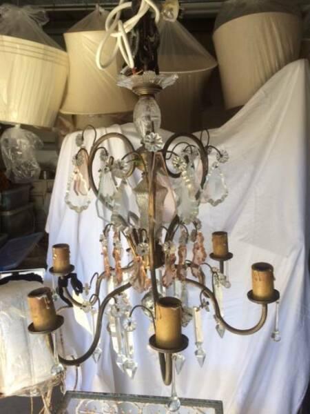 VINTAGE FRENCH CHANDELIER WITH PINK CRYSTALS FROM ARGENTINA