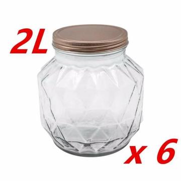(NEW) 6 x VINTAGE 2L GLASS CANISTER ROSE GOLD LID 2000ml Food Sto