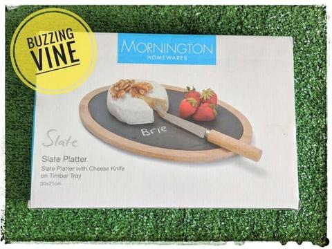 Slate / Cheese Platter with Knife on timber tray - NEW IN BOX