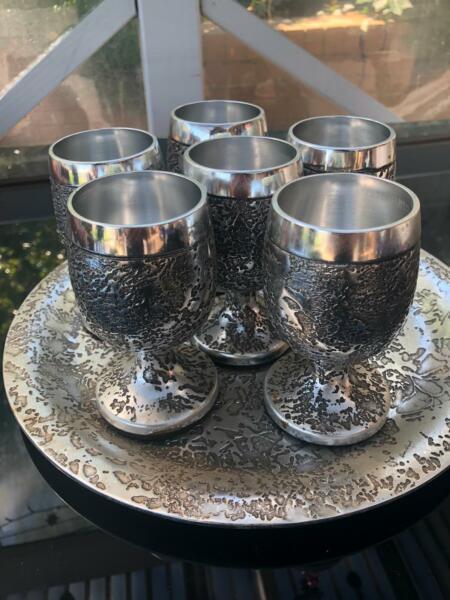 Set of 6 (Silver Pewter?) Goblets and Serving tray