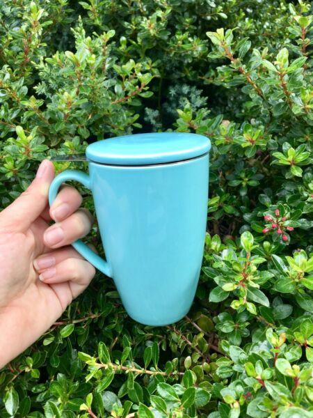 Smeese specialty ceramic tea cup mug large aqua blue w infuser / lid