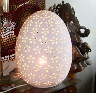 TABLE LAMP. Egg Shape. White Stone with Cutaways. 37cm high