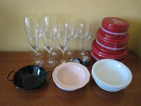 Kitchen Items - Bowls Wine Glasses Scale etc