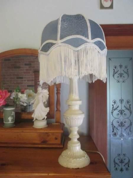 VERY LARGE SHABBY CHIC LAMP WITH BLUE VICTORIAN SHADE